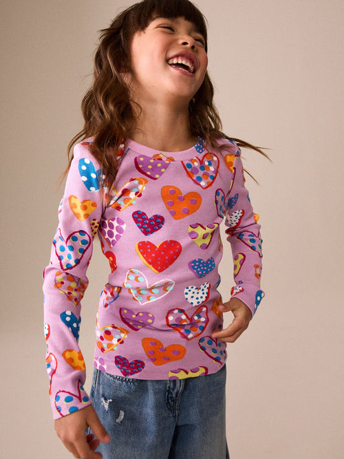 Lilac Spot Heart Long Sleeve Ribbed Top (3-16yrs)