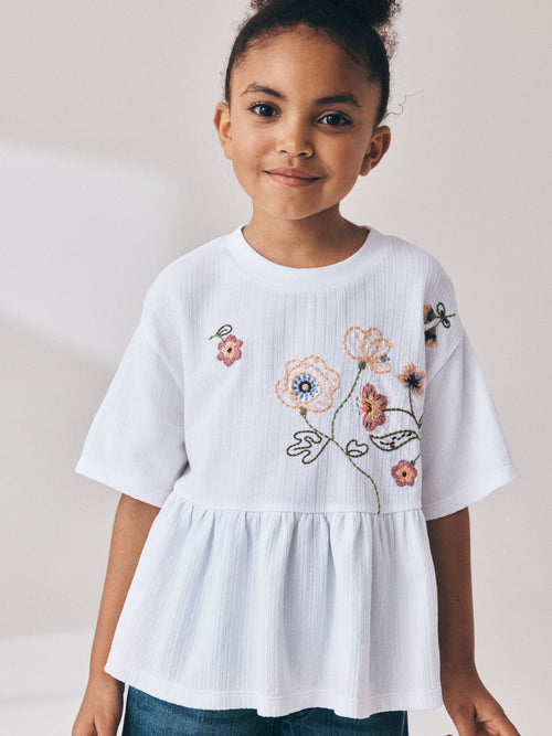 White Floral Embroidered Peplum T-Shirt (3-16yrs)