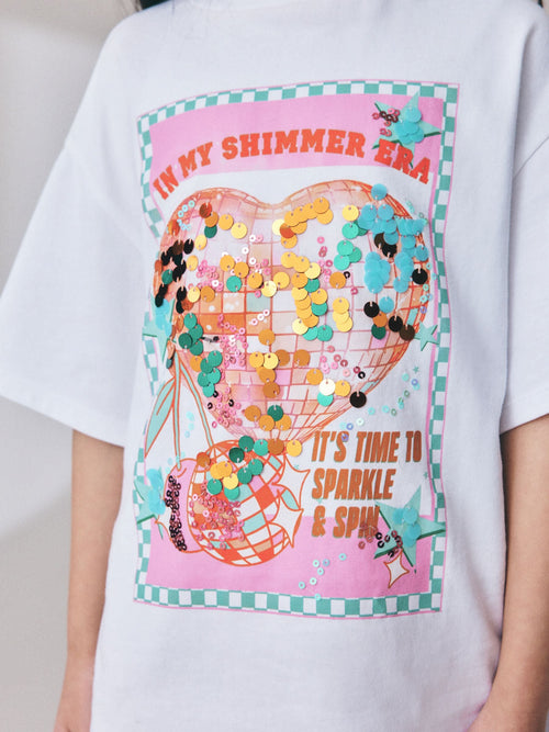 White Disco Heart Oversized Sequin Graphic T-Shirt (3-16yrs)