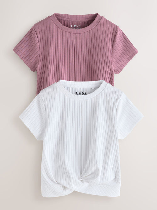 Pink/White Ribbed Wrap Front 2 Pack T-Shirt (3-16yrs)