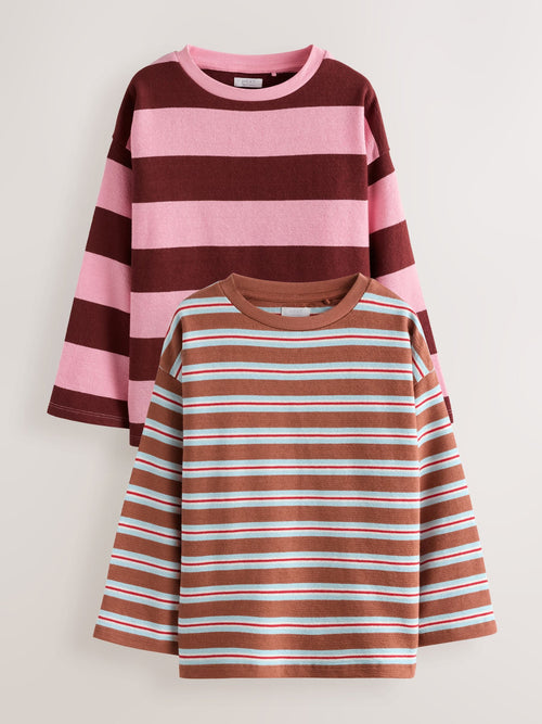 Pink/Brown Stripe Long Sleeve Textured Tops 2 Pack (3-16yrs)