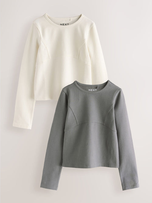 Grey/Cream Long Sleeve Seam Detail Tops 2 Pack (3-16yrs)