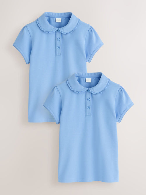 Light Blue Girls Cotton Stretch Frill Collar School Polo Tops 2 Pack (3-16yrs)