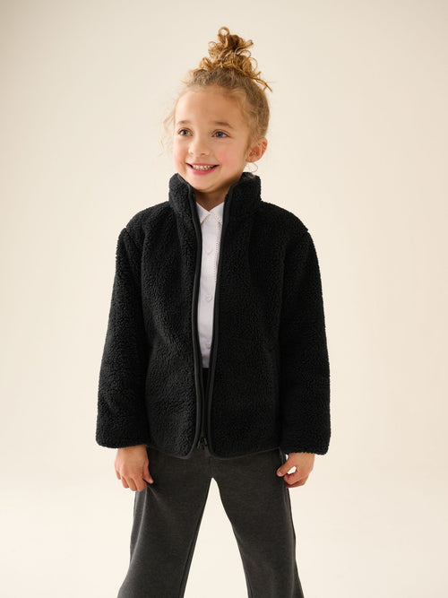 Black Zip-Up Borg Fleece Jacket With Pockets (3-16yrs)