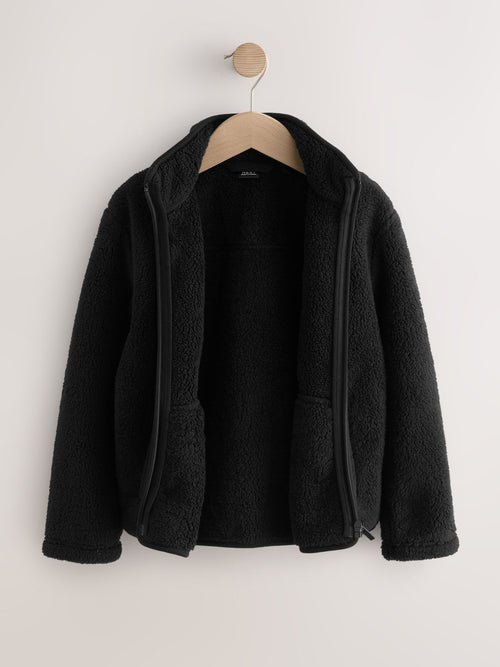 Black Zip-Up Borg Fleece Jacket With Pockets (3-16yrs)