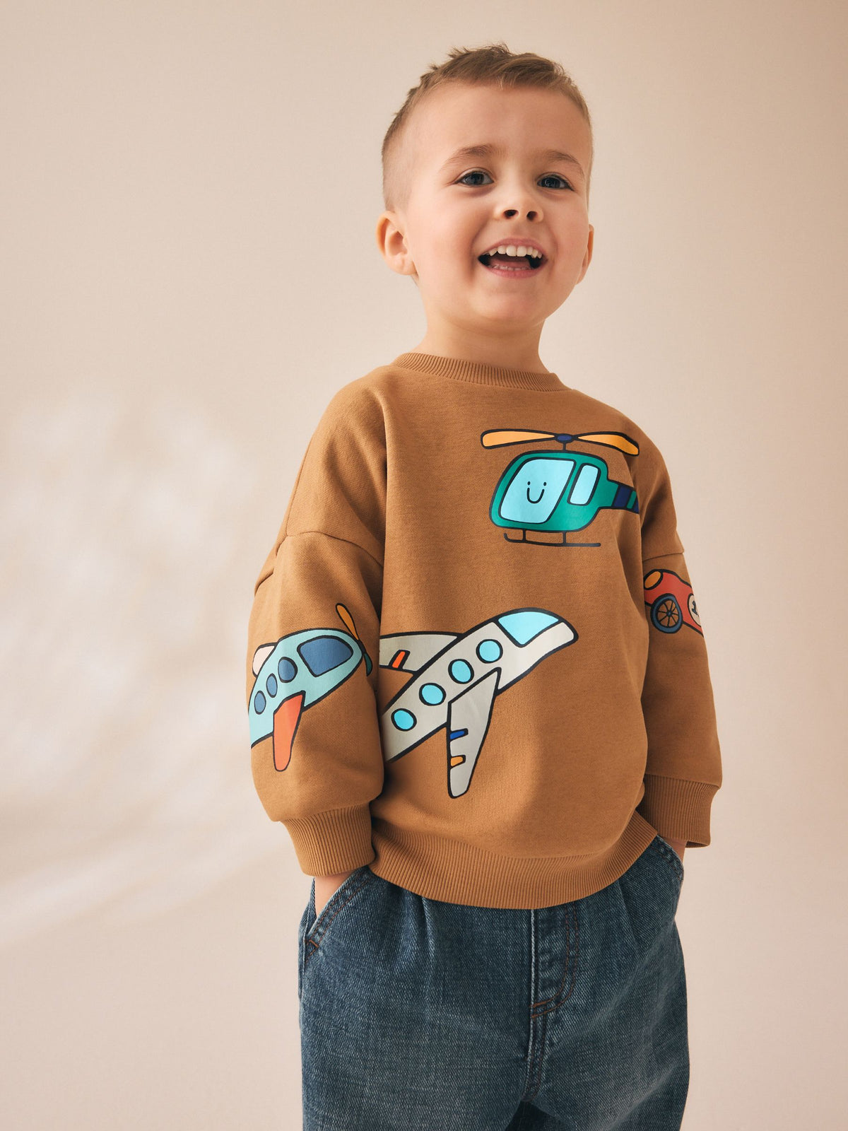 Tan Brown All Over Printed Crew Neck Sweat Top (3mths-7yrs)