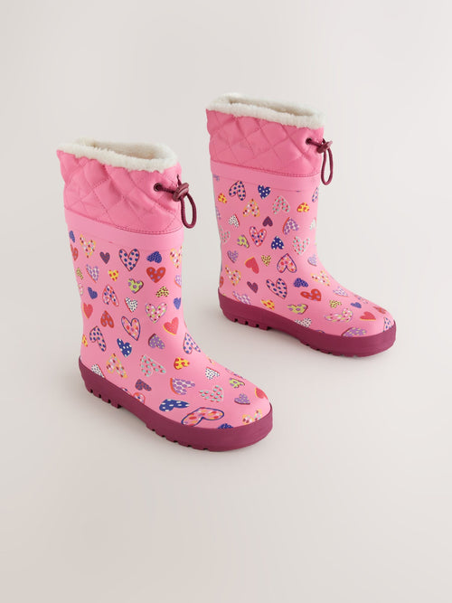 Pink Heart Print Standard Fit (F) Thinsulate Lined Cuff Wellies