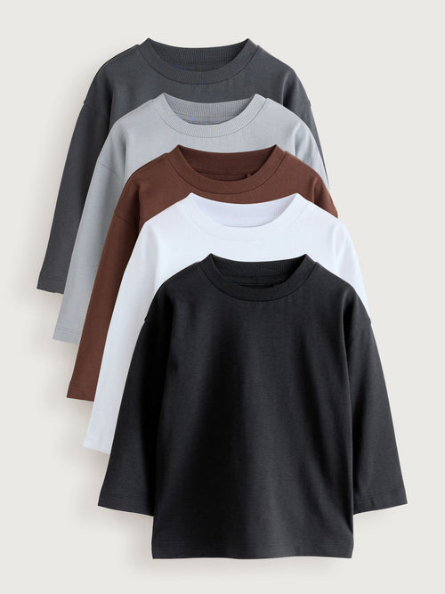 Black/Grey/Brown/Charcoal/White Long Sleeve T-Shirts 5 Pack (3mths-7yrs)