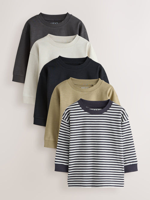 Monochrome Plain Stripe Long Sleeve T-Shirts 5 Pack (3mths-7yrs)