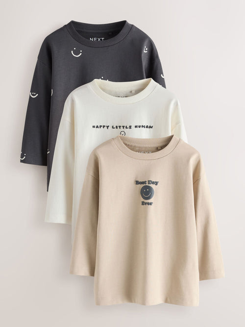 Monochrome Smile Face Long Sleeve Graphic T-Shirts 3 Pack (3mths-7yrs)
