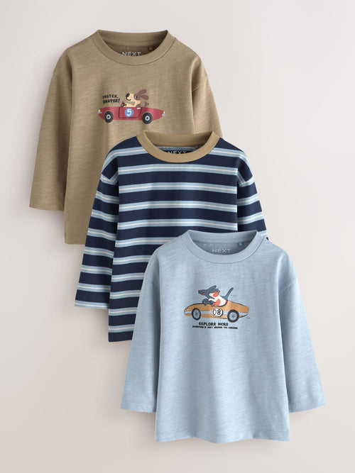 Blue/Neutral Dog Stripe Long Sleeve Graphic T-Shirts 3 Pack (3mths-7yrs)