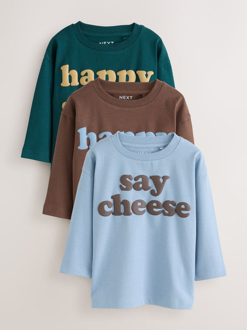 Mutli Blue / Berry / Green Happy Smile Slogan Long Sleeve Graphic T-Shirts 3 Pack (3mths-7yrs)