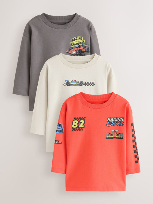 Red White Racing Car Long Sleeve Graphic T-Shirts 3 Pack (3mths-7yrs)