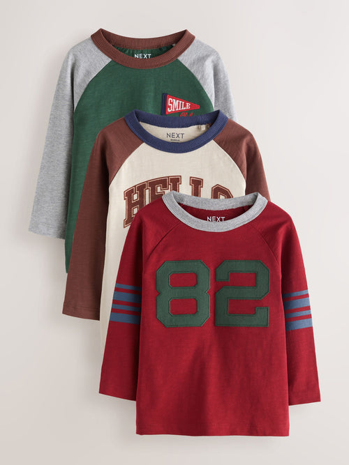 Red/Grey Varsity Long Sleeve Raglan T-Shirts 3 Pack (3mths-7yrs)