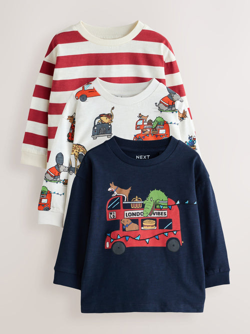 Navy/Red London Long Sleeve Applique T-Shirts 3 Pack (3mths-7yrs)