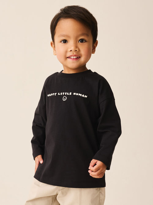 Black Happy Little Human Slogan Long Sleeve Small Graphic Printed T-Shirt (3mths-7yrs)