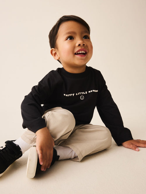 Black Happy Little Human Slogan Long Sleeve Small Graphic Printed T-Shirt (3mths-7yrs)