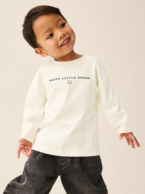 White Happy Little Human Slogan Long Sleeve Small Graphic Printed T-Shirt (3mths-7yrs)