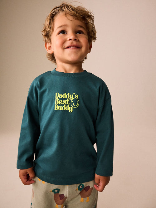Green Daddys Best Buddy Slogan Long Sleeve Small Graphic Printed T-Shirt (3mths-7yrs)