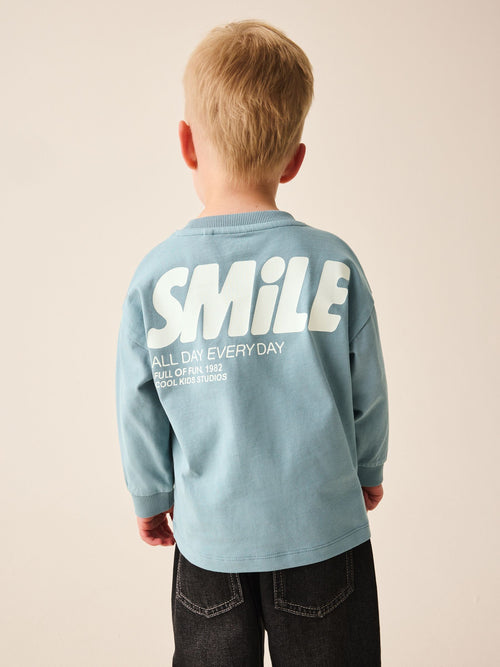 Mineral Blue Smile All Day Everyday Long Sleeve Back Graphic T-Shirt (3mths-10yrs)