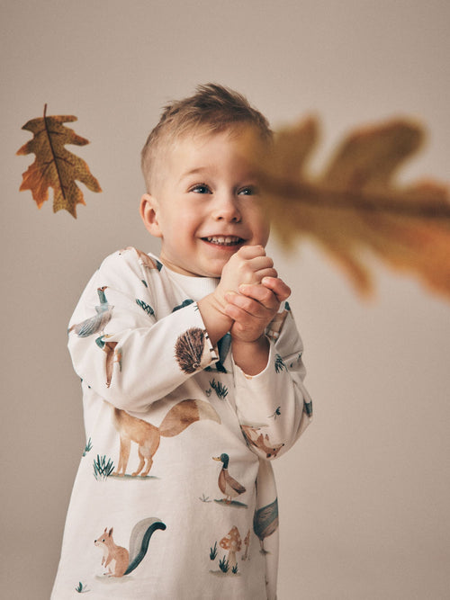 Cream/White Woodland Aminals Long Sleeve All Over Print T-Shirt (3mths-7yrs)