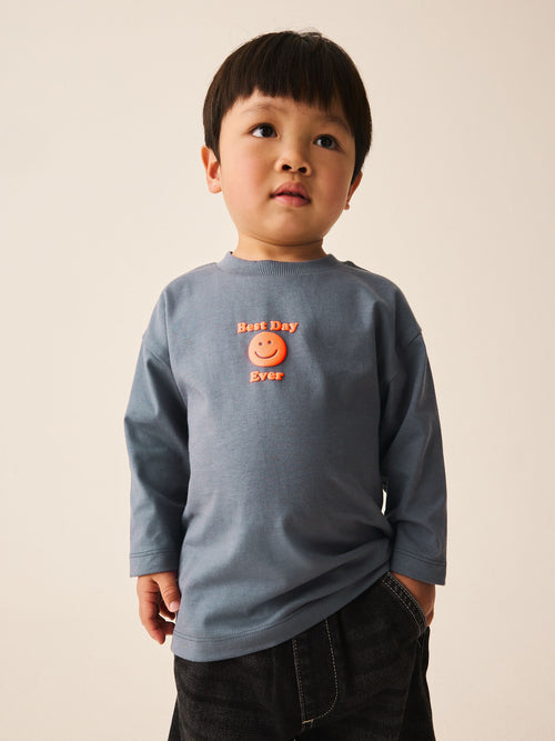Charcoal Grey Smile Long Sleeve Small Graphic Printed T-Shirt (3mths-7yrs)
