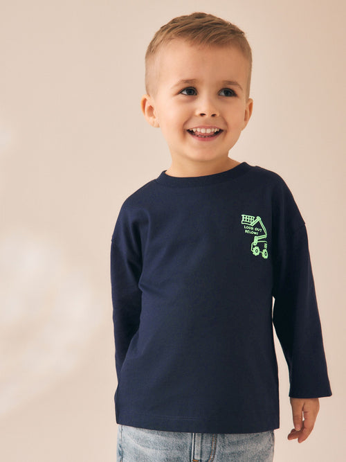 Navy Transport Long Sleeve Small Graphic Printed T-Shirt (3mths-7yrs)