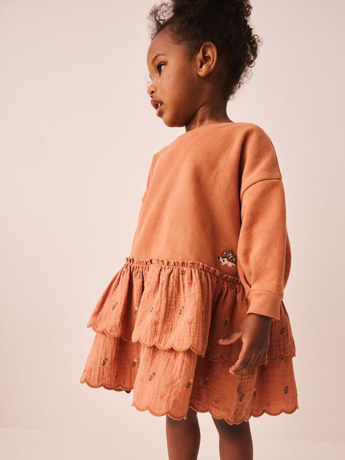 Orange Hedgehog Embroidery Long Sleeve Sweat Dress (3mths-7yrs)