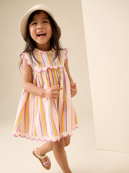 Rainbow Stripe Sleeveless Scallop Detail Summer Dress (3mths-7yrs)