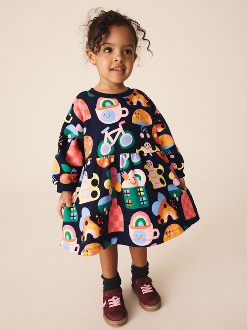 Navy Ladybird Rainbow Long Sleeve Sweat Dress (3mths-7yrs)