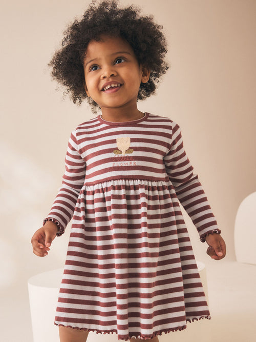 Brown Stripe Flower Long Sleeve Ribbed Dress (3mths-7yrs)