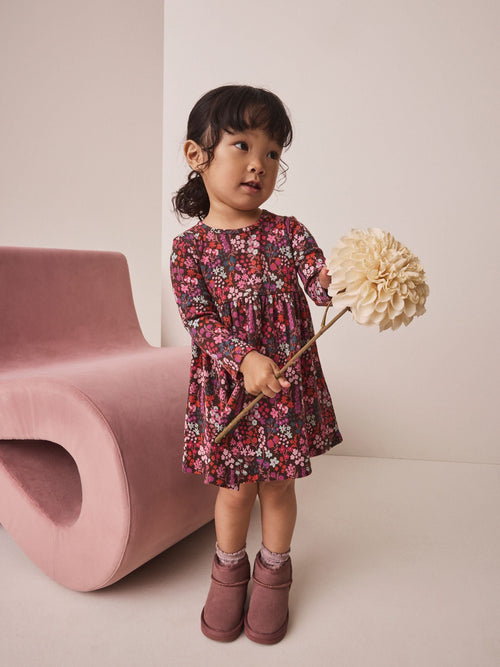 Burgundy Red Ditsy Floral Long Sleeve Ribbed Dress (3mths-7yrs)