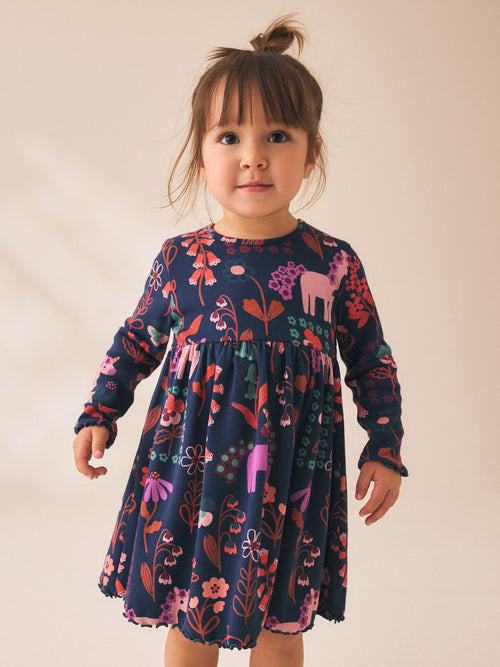 Navy Unicorn Long Sleeve Ribbed Dress (3mths-7yrs)