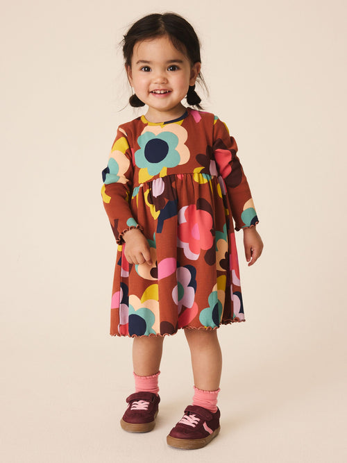 Brown Flowers Long Sleeve Ribbed Dress (3mths-7yrs)