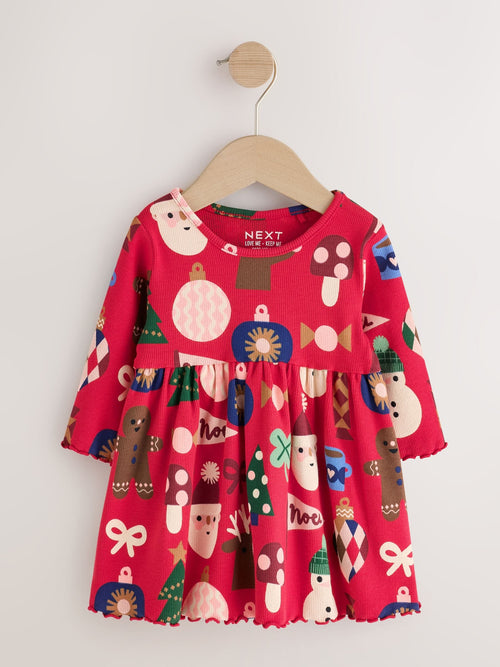 Red Christmas Long Sleeve Christmas Ribbed Dress (3mths-7yrs)