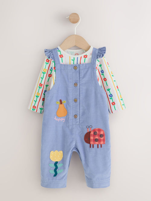 Blue Cord Embroidered Dungaree and Bodysuit Baby 2 Piece Set (0mths-2yrs)