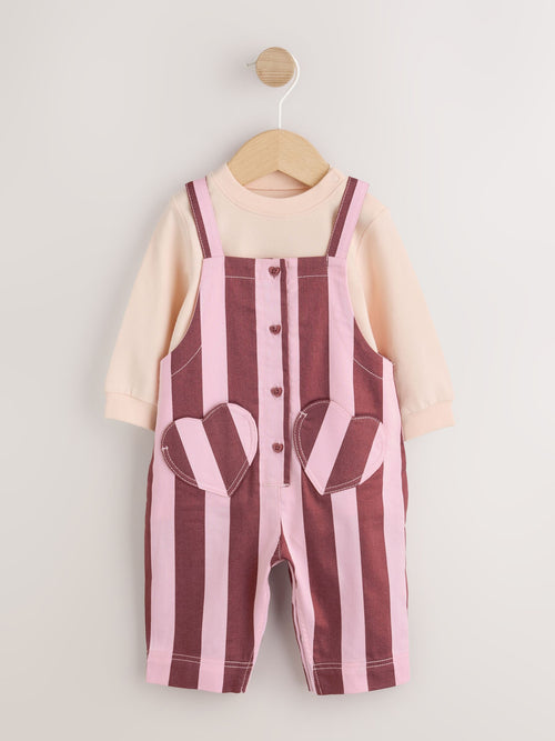 Pink/Burgundy Stripe Baby Long Sleeve Bodysuit And Woven Dungarees Set 2 Piece (0mths-2yrs)