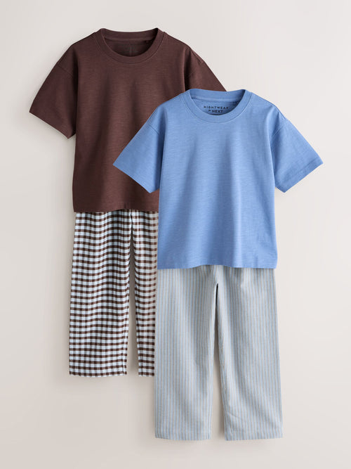 Blue/Brown Check Woven Long Leg Short Sleeve Pyjamas 2 Pack (3-16yrs)