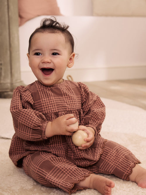 Brown/Pink Check Baby Woven Top and Trousers 2 Piece Set (0mths-2yrs)