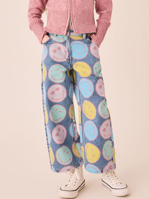 Mid Blue SmileyWorld® Print Wide Leg Jeans (3-16yrs)