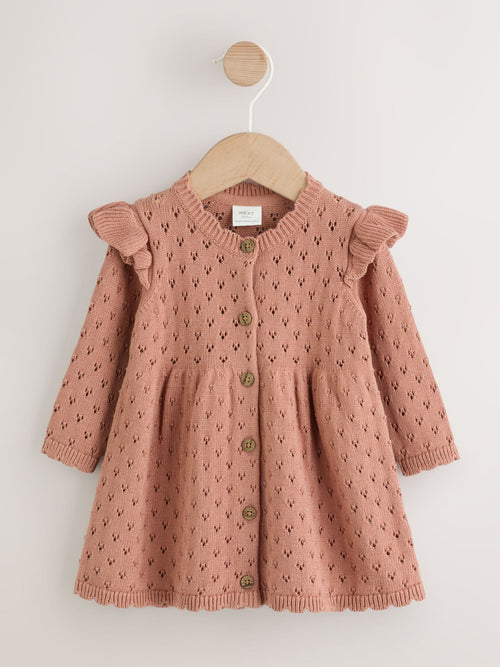 Rust Brown Pointelle Knitted Frill Shoulder Baby Dress (0mths-2yrs)