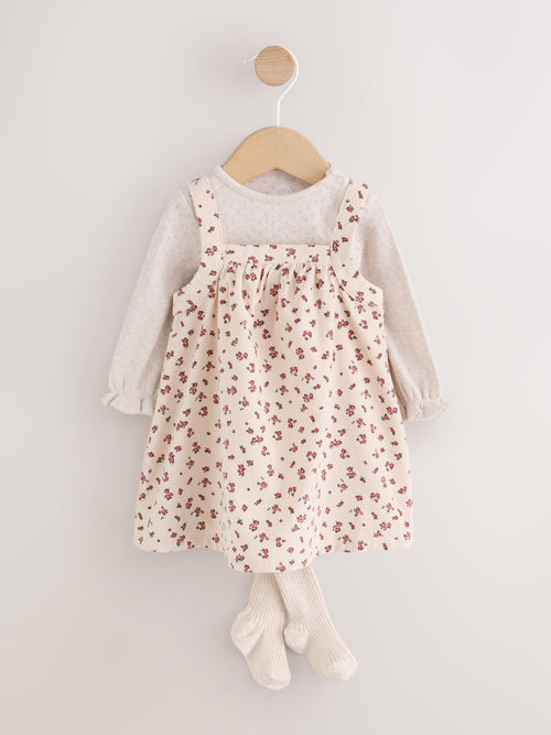 Ecru Floral Cord Baby Pinafore Long Sleeve Bodysuit And Tights 3 Piece Set (0mths-2yrs)