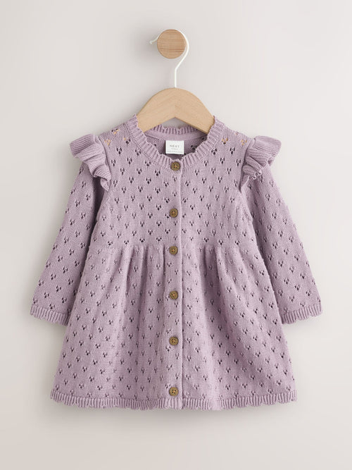Lilac Purple Pointelle Knitted Frill Shoulder Baby Dress (0mths-2yrs)