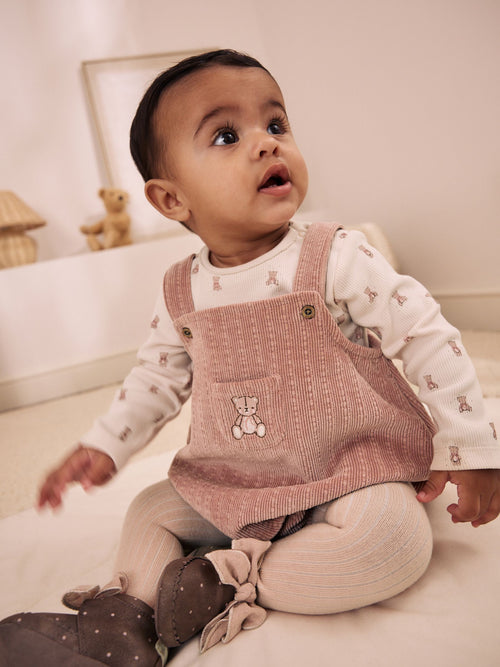Pink Bear Cord Baby Long Sleeve Bodysuit, Romper And Tights 3 Piece Set (0mths-2yrs)