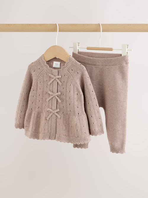 Chocolate Brown Frill Knitted Bow Baby Cardigan & Leggings Set 2 Piece (0mths-2yrs)