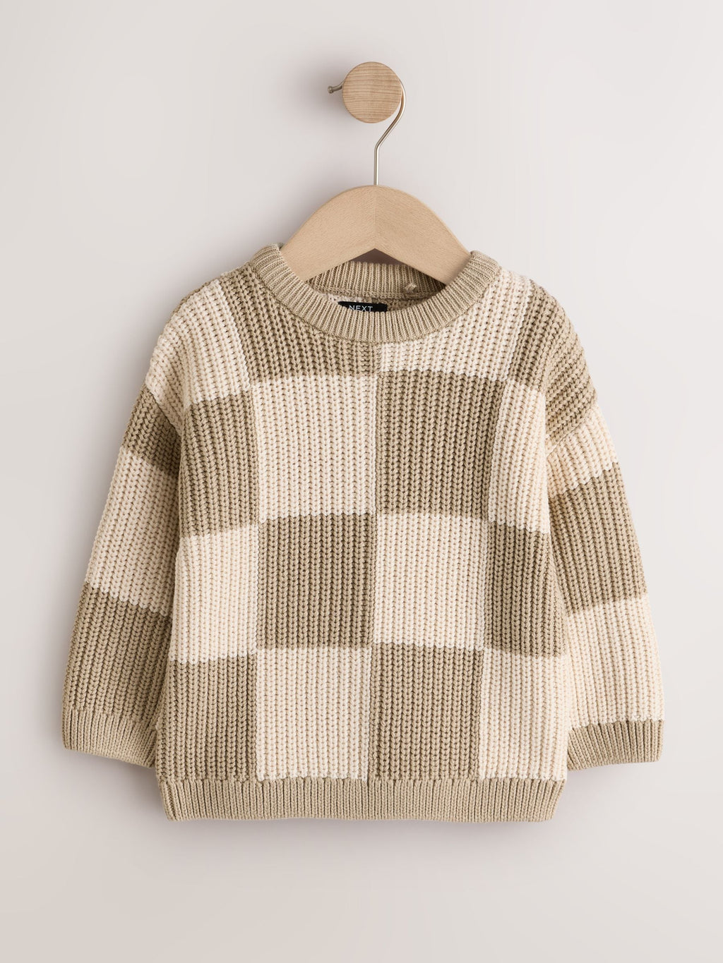 Neutral Checkerboard Knitted Crew Neck Jumper (3mths-7yrs)