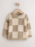 Neutral Checkerboard Knitted Crew Neck Jumper (3mths-7yrs)