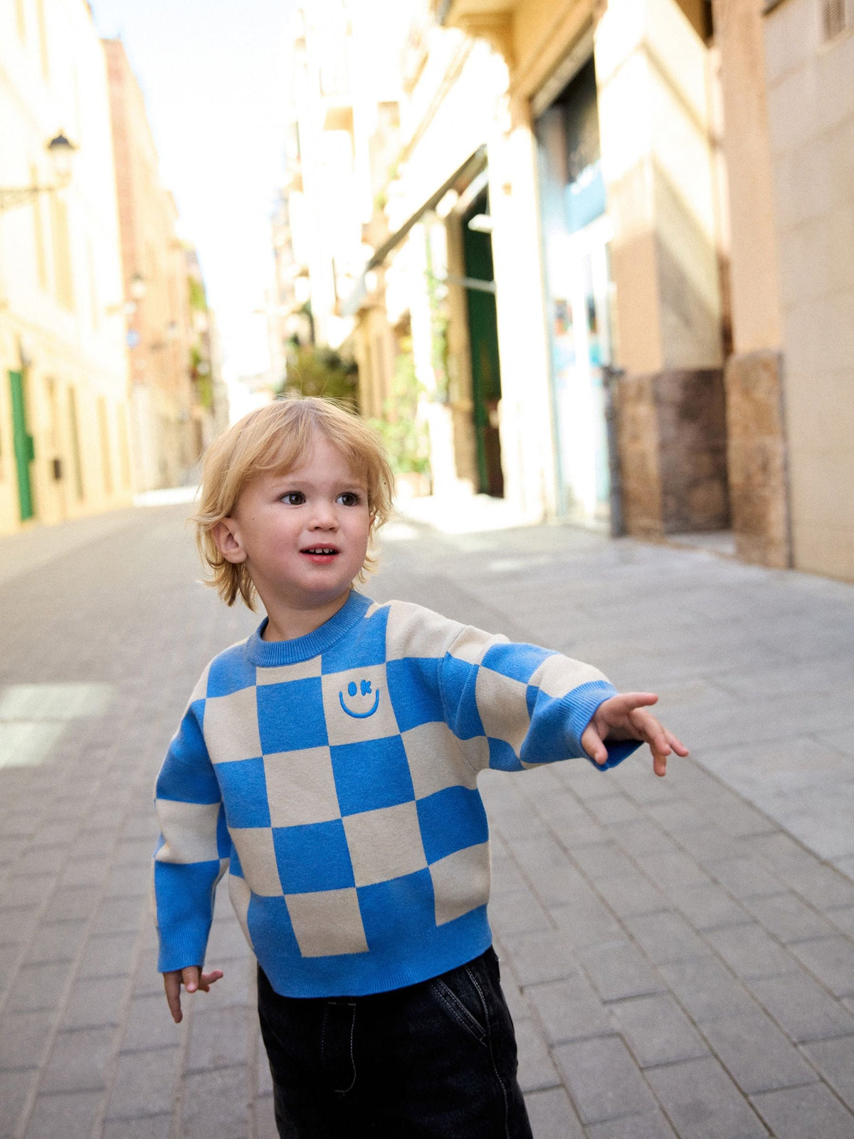 Blue Checkerboard Knitted Crew Neck Jumper (3mths-7yrs)