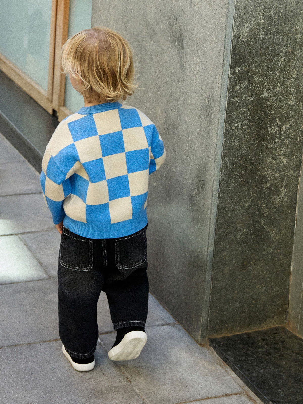 Blue Checkerboard Knitted Crew Neck Jumper (3mths-7yrs)