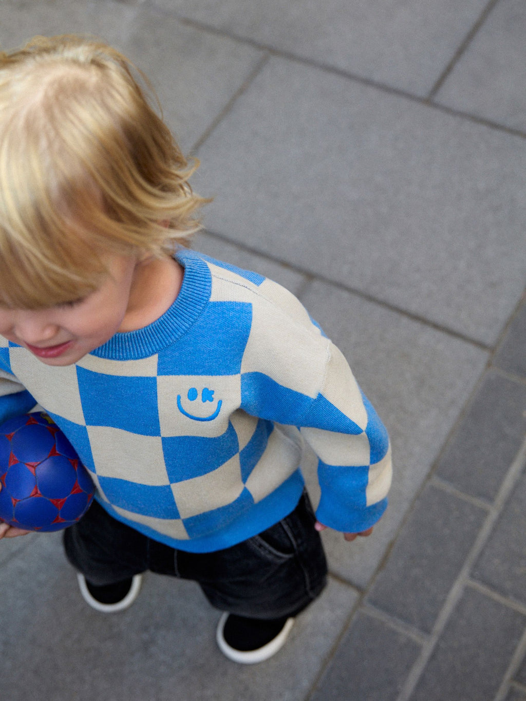 Blue Checkerboard Knitted Crew Neck Jumper (3mths-7yrs)